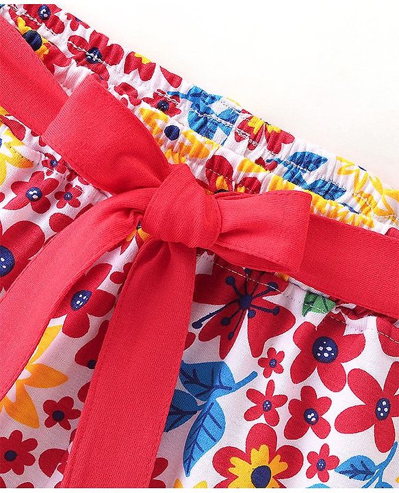 Pine Kids Single Jersey Knee Length Shorts With Floral Print - Red White & Yellow