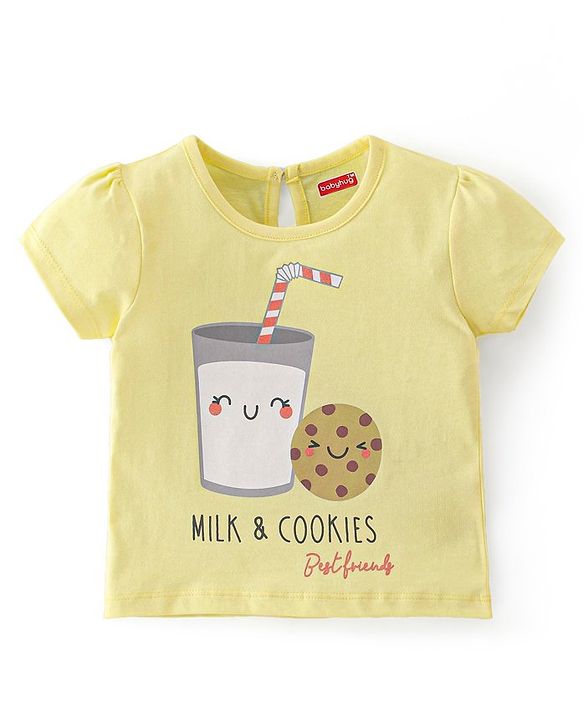 Babyhug Cotton Single Jersey Knit Half Sleeves Night Suit Cookies Print - Yellow & Pink