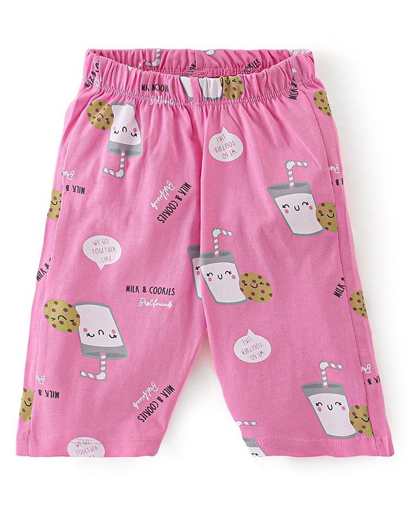 Babyhug Cotton Single Jersey Knit Half Sleeves Night Suit Cookies Print - Yellow & Pink