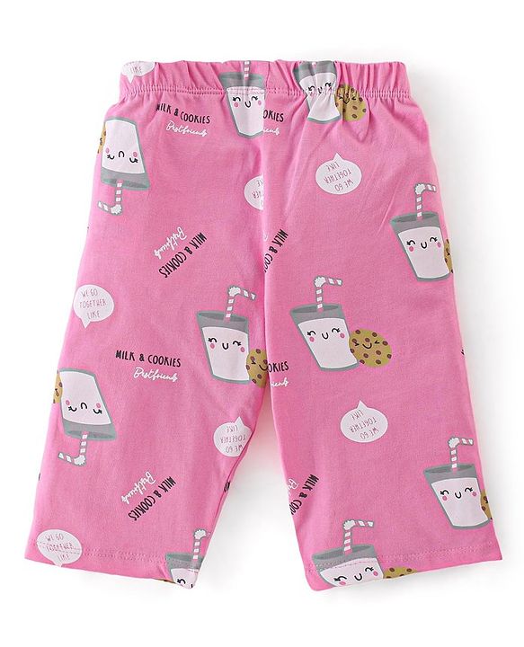Babyhug Cotton Single Jersey Knit Half Sleeves Night Suit Cookies Print - Yellow & Pink