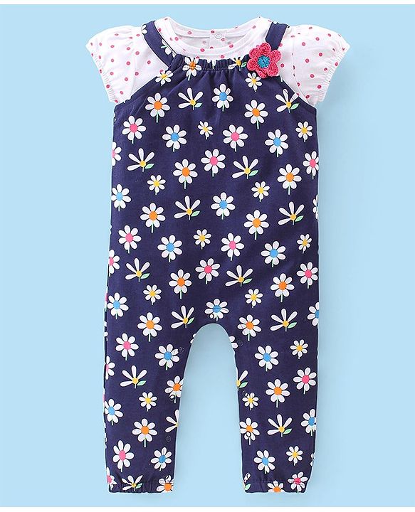 Babyhug Single Jersey Knit Floral Print Dungaree & Half Sleeves T-Shirt Polka Dot Print - Navy Blue & White
