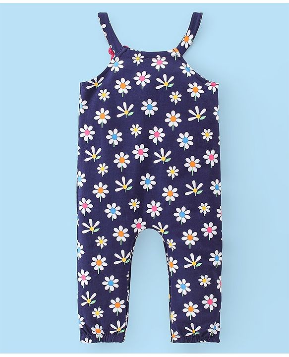 Babyhug Single Jersey Knit Floral Print Dungaree & Half Sleeves T-Shirt Polka Dot Print - Navy Blue & White