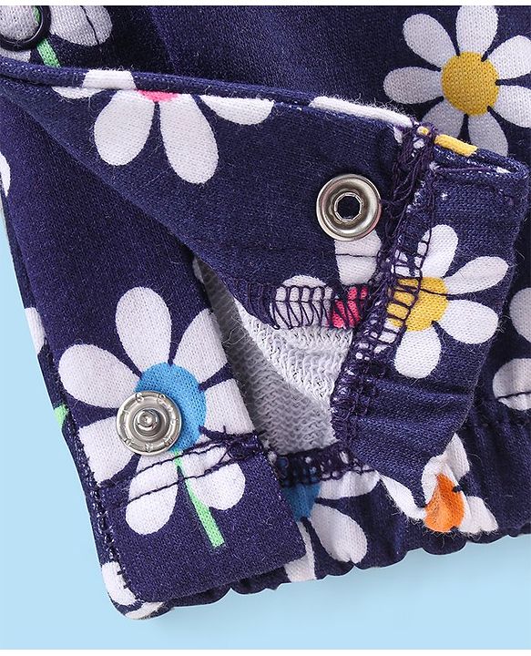 Babyhug Single Jersey Knit Floral Print Dungaree & Half Sleeves T-Shirt Polka Dot Print - Navy Blue & White