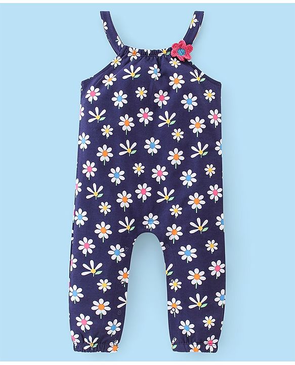 Babyhug Single Jersey Knit Floral Print Dungaree & Half Sleeves T-Shirt Polka Dot Print - Navy Blue & White