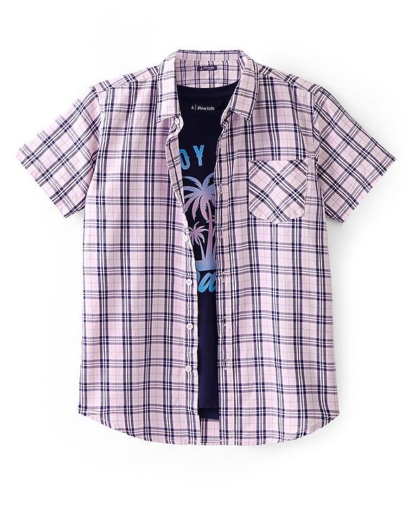 Pine Kids Cotton Woven Half Sleeves Twofer Checked Shirt With Beach Theme T-Shirt - Multicolour