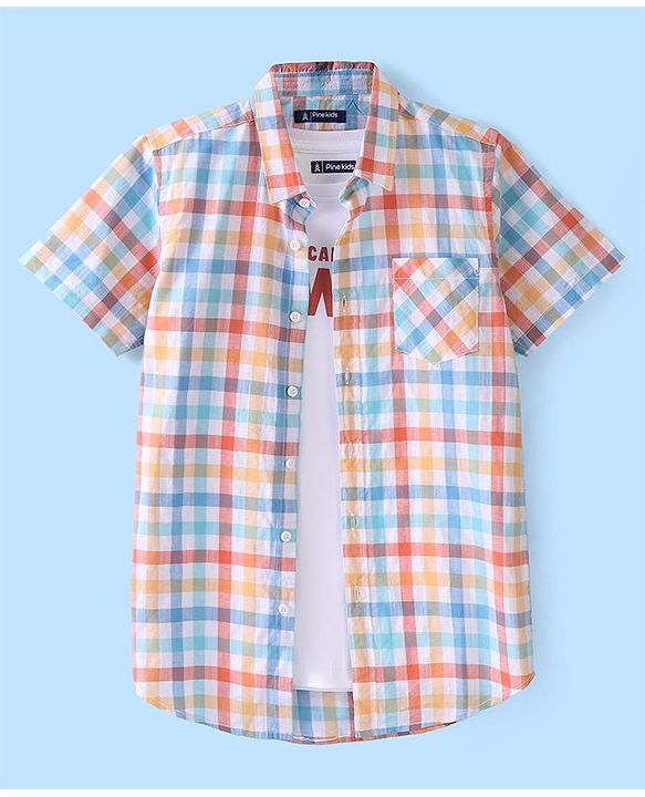 Pine Kids Cotton Woven Half Sleeves Twofer Checked Shirt With Text Print T-Shirt - Multicolour