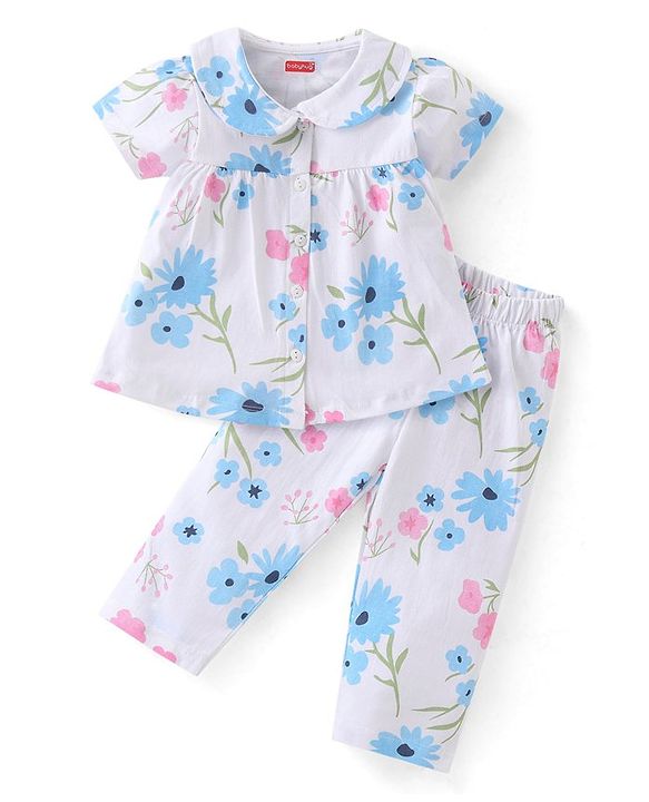 Babyhug Single Jersey Knit Half Sleeves Front Open Floral  Print Night Suit - White