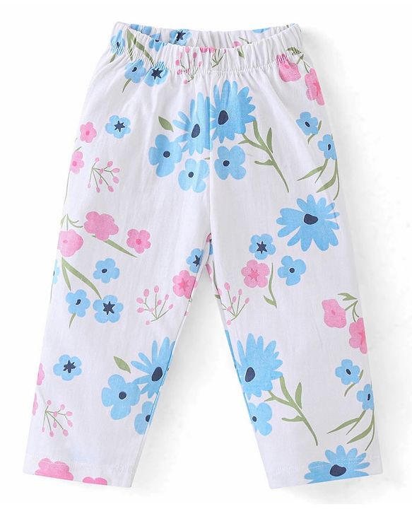 Babyhug Single Jersey Knit Half Sleeves Front Open Floral  Print Night Suit - White