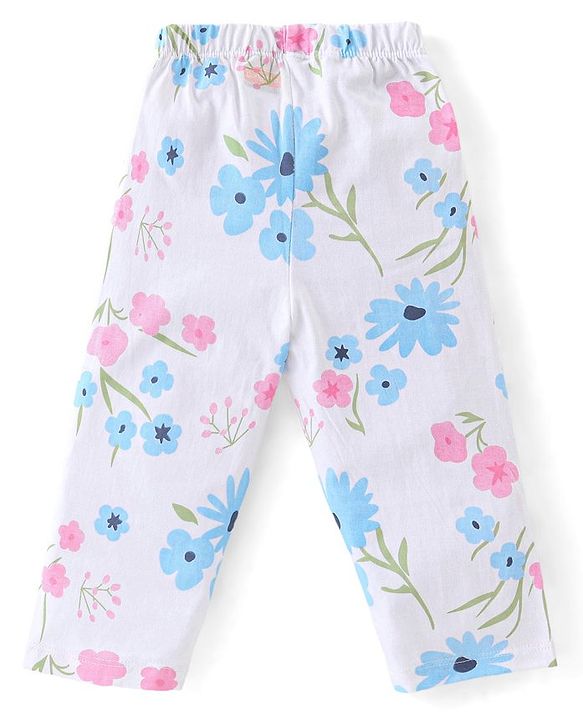 Babyhug Single Jersey Knit Half Sleeves Front Open Floral  Print Night Suit - White