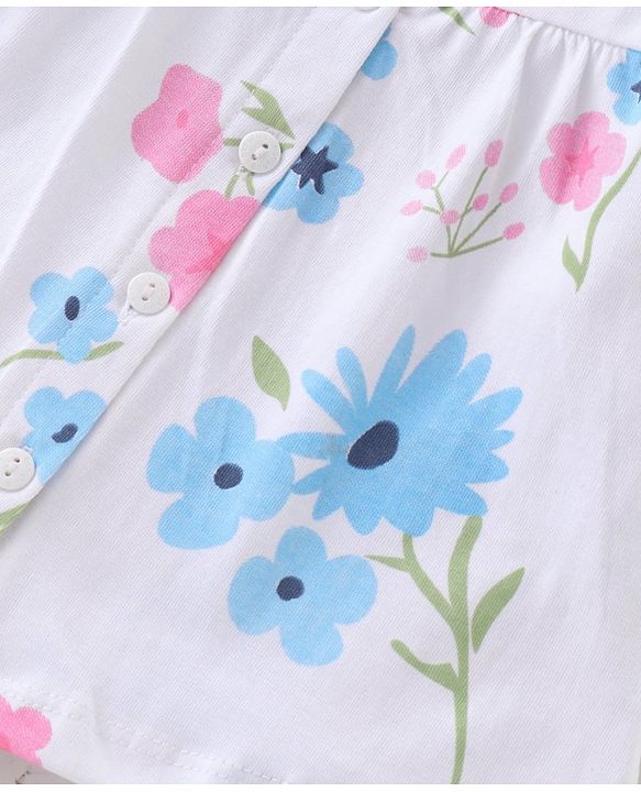 Babyhug Single Jersey Knit Half Sleeves Front Open Floral  Print Night Suit - White