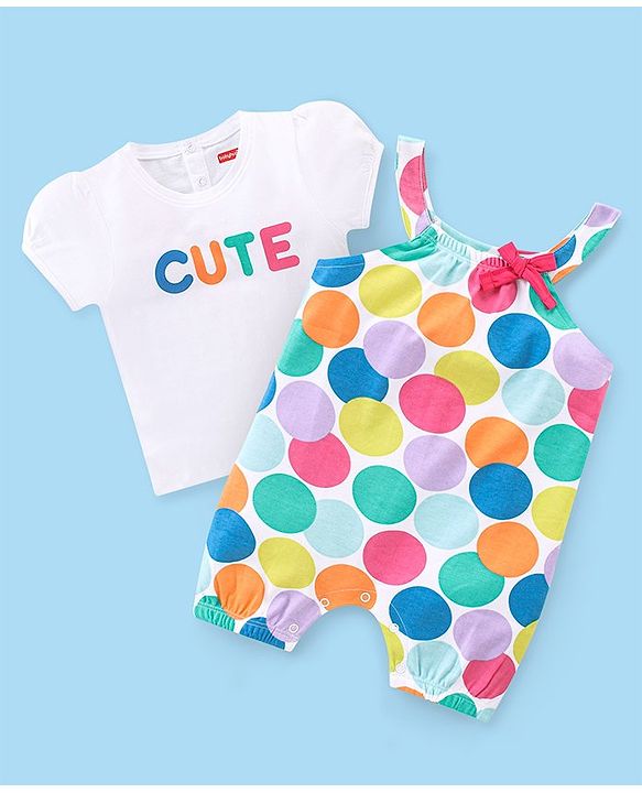 Babyhug 100% Cotton Knit Half Sleeves T-Shirt & Dungaree Set Polka Dot Print - Multicolor