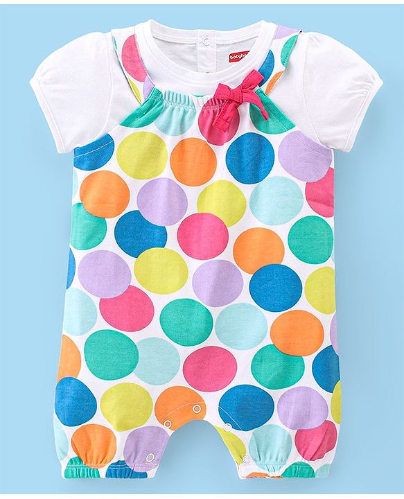 Babyhug 100% Cotton Knit Half Sleeves T-Shirt & Dungaree Set Polka Dot Print - Multicolor