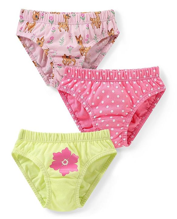Babyhug 100% Cotton Knit Panties with Deer & Polka Dot Print Pack of 3 - Pink & Green