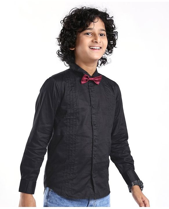 Pine Kids Cotton Woven Full Sleeves Party Shirt Solid Colour With Bow - Black