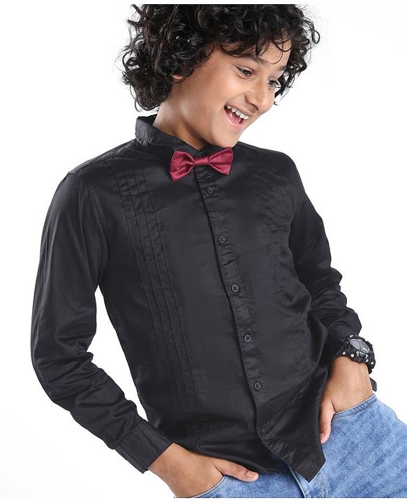 Pine Kids Cotton Woven Full Sleeves Party Shirt Solid Colour With Bow - Black