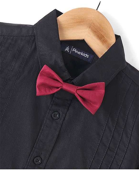 Pine Kids Cotton Woven Full Sleeves Party Shirt Solid Colour With Bow - Black