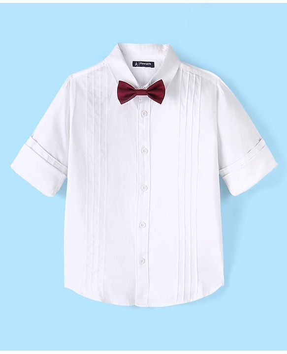 Pine Kids Cotton Woven Full Sleeves Party Shirt Solid Colour With Bow - White