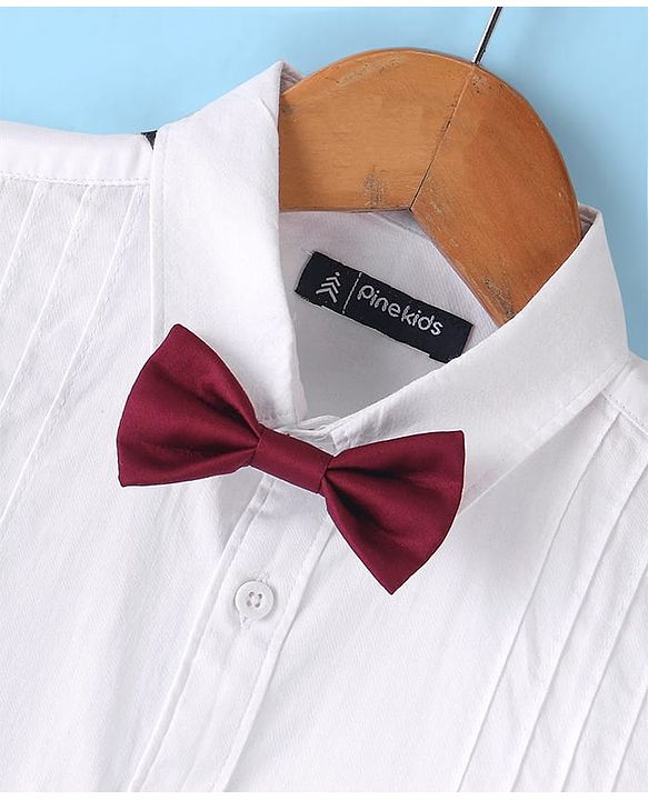 Pine Kids Cotton Woven Full Sleeves Party Shirt Solid Colour With Bow - White