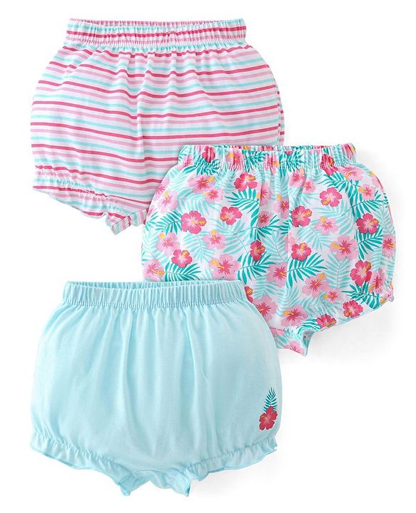 Babyhug 100% Cotton Knit Bloomers Striped & Floral Print  Pack of 3- Blue & Pink