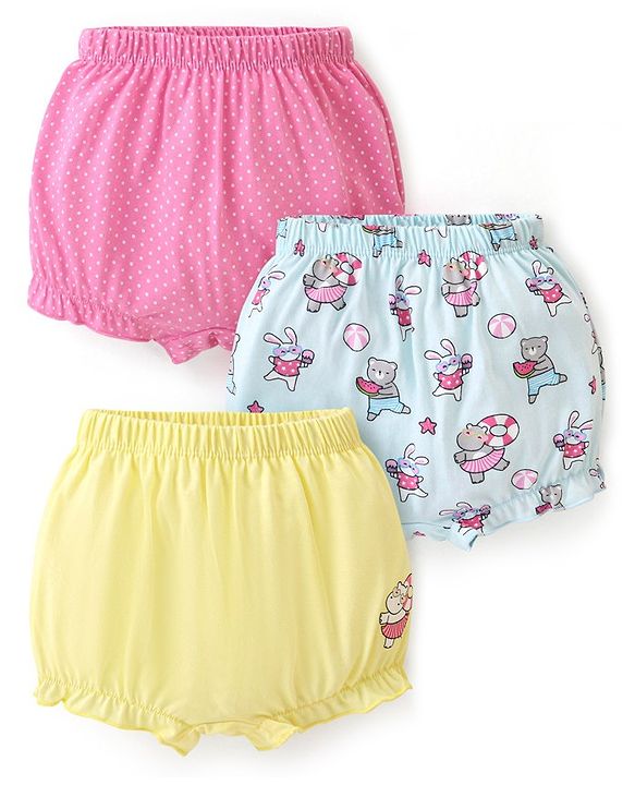 Babyhug 100% Cotton Knit Bloomers Solid Polka Dot & Animal Print Pack of 3- Pink Blue & Yellow