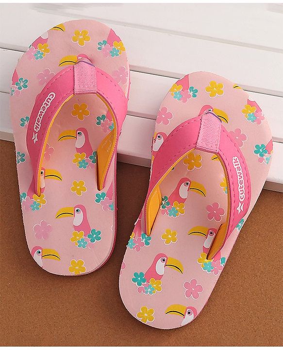 Cute Walk by Babyhug Slip On Flip Flops Floral & Toucans Print- Pink
