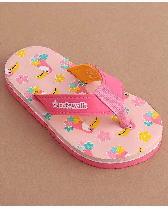 Cute Walk by Babyhug Slip On Flip Flops Floral & Toucans Print- Pink