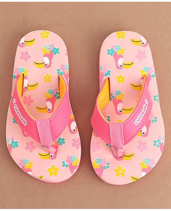 Cute Walk by Babyhug Slip On Flip Flops Floral & Toucans Print- Pink