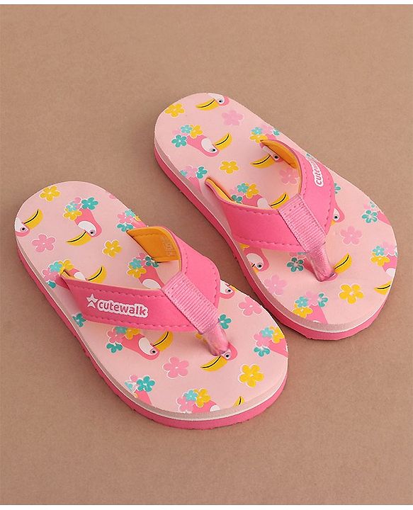 Cute Walk by Babyhug Slip On Flip Flops Floral & Toucans Print- Pink