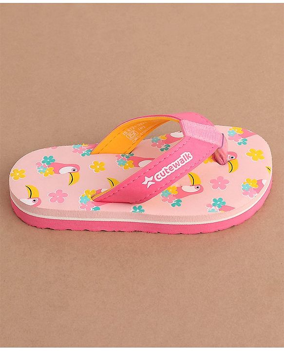 Cute Walk by Babyhug Slip On Flip Flops Floral & Toucans Print- Pink