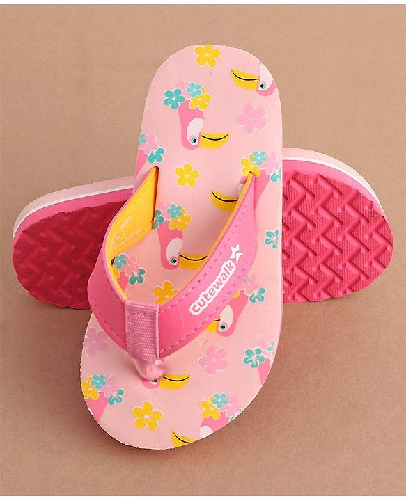 Cute Walk by Babyhug Slip On Flip Flops Floral & Toucans Print- Pink