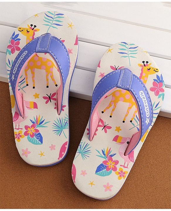 Cute Walk by Babyhug Slip On Flip Flops with Giraffe Print - White & Blue