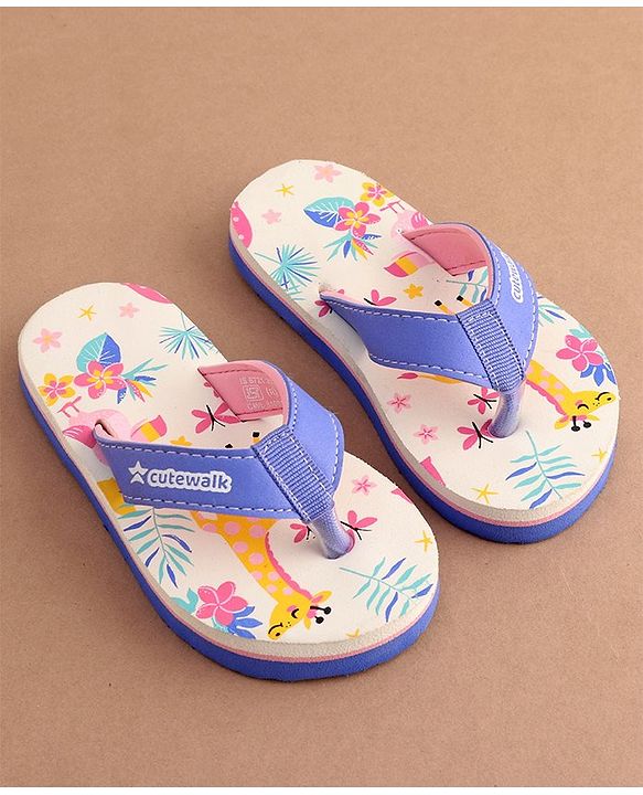 Cute Walk by Babyhug Slip On Flip Flops with Giraffe Print - White & Blue