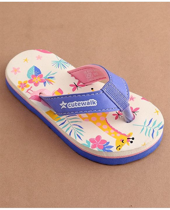 Cute Walk by Babyhug Slip On Flip Flops with Giraffe Print - White & Blue