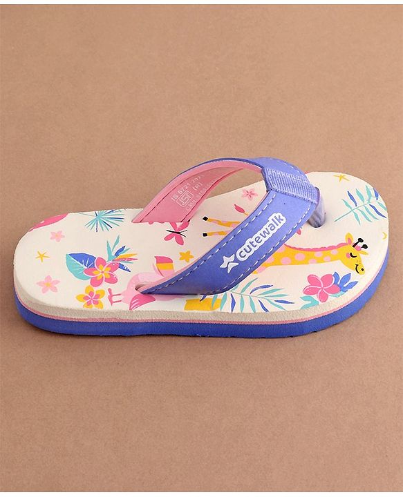 Cute Walk by Babyhug Slip On Flip Flops with Giraffe Print - White & Blue