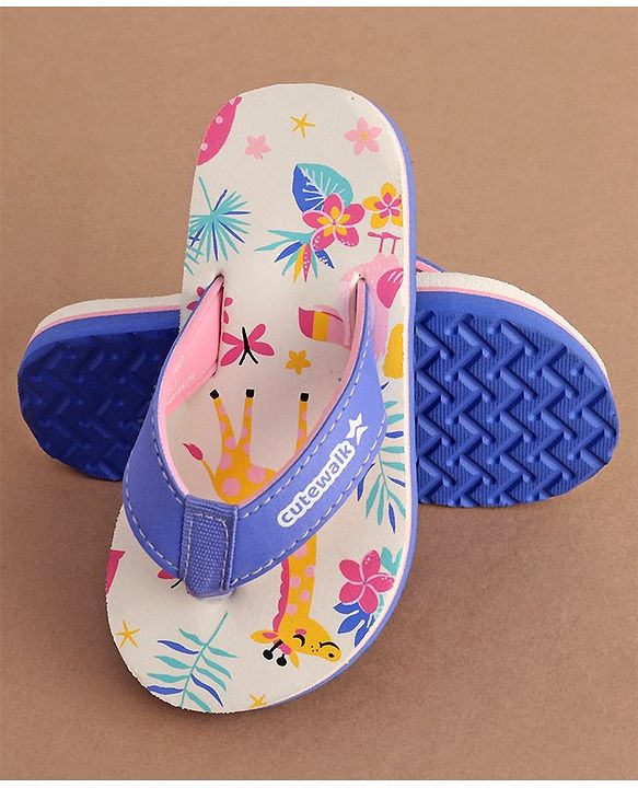 Cute Walk by Babyhug Slip On Flip Flops with Giraffe Print - White & Blue