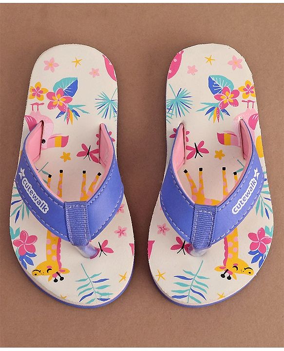 Cute Walk by Babyhug Slip On Flip Flops with Giraffe Print - White & Blue