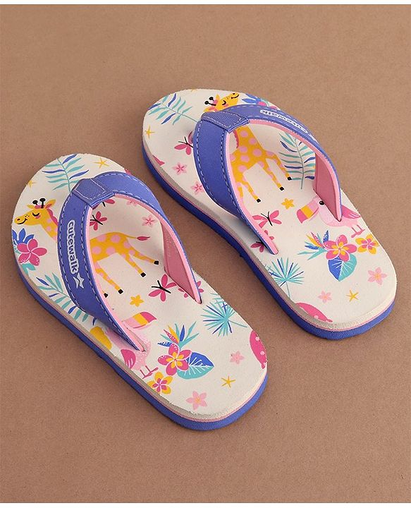 Cute Walk by Babyhug Slip On Flip Flops with Giraffe Print - White & Blue