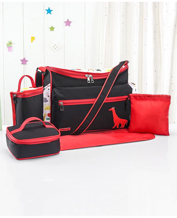 Babyhug Mother Bag with Accessories Combo With Animal Print Set of 5 - Black & Red