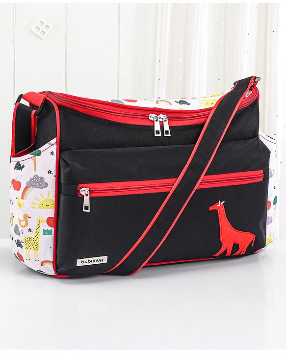 Babyhug Mother Bag with Accessories Combo With Animal Print Set of 5 - Black & Red