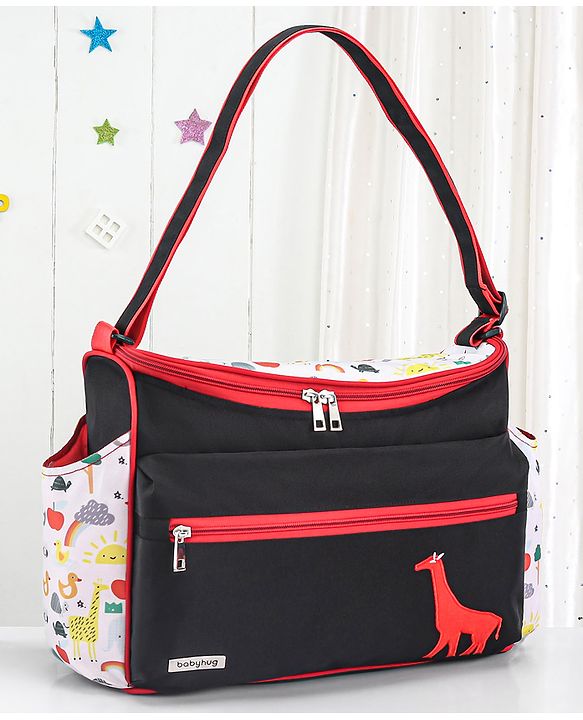 Babyhug Mother Bag with Accessories Combo With Animal Print Set of 5 - Black & Red