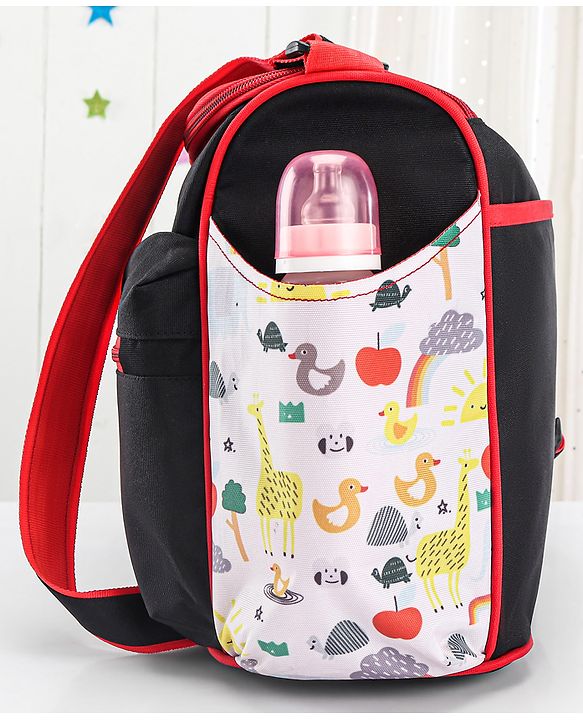 Babyhug Mother Bag with Accessories Combo With Animal Print Set of 5 - Black & Red