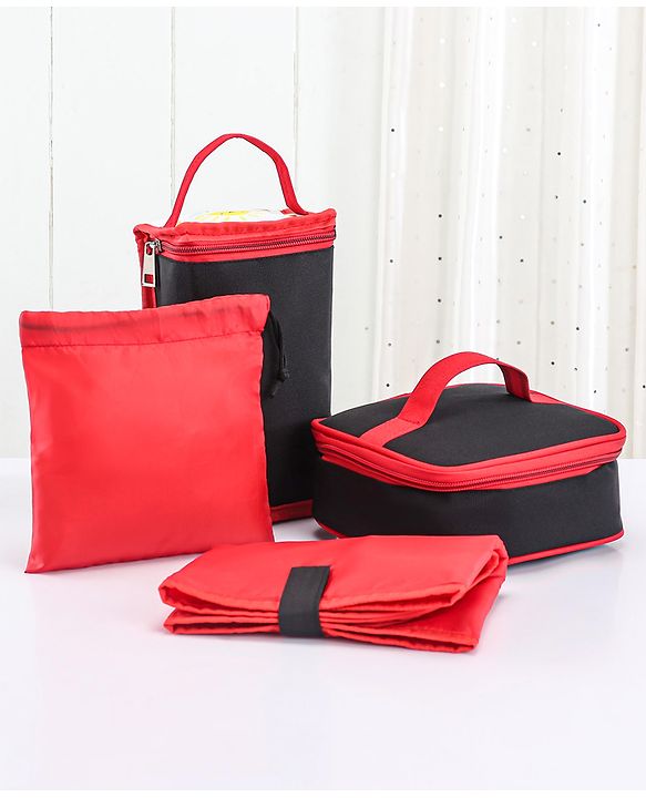 Babyhug Mother Bag with Accessories Combo With Animal Print Set of 5 - Black & Red