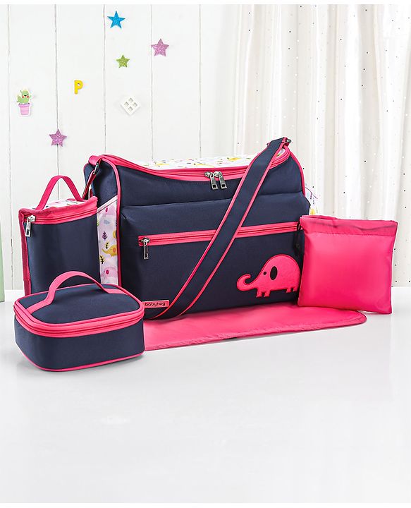 Babyhug Mother Bag with Accessories Combo With Elephant Print Set of 5 - Navy & Pink