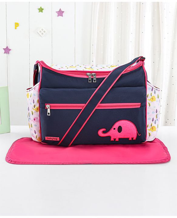 Babyhug Mother Bag with Accessories Combo With Elephant Print Set of 5 - Navy & Pink