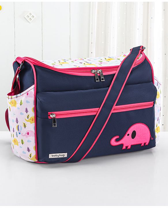 Babyhug Mother Bag with Accessories Combo With Elephant Print Set of 5 - Navy & Pink