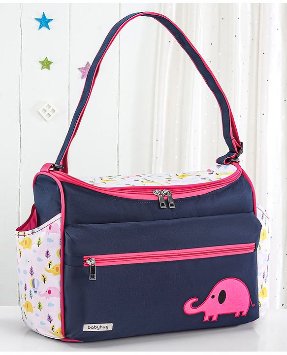 Babyhug Mother Bag with Accessories Combo With Elephant Print Set of 5 - Navy & Pink