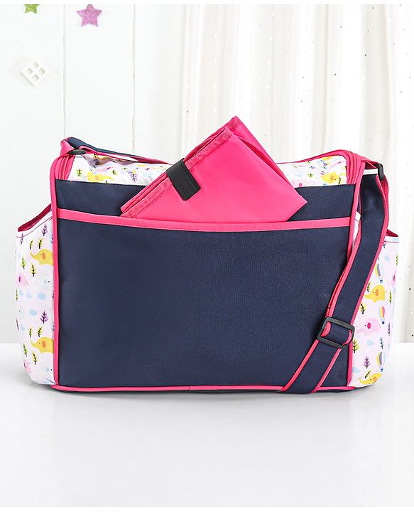 Babyhug Mother Bag with Accessories Combo With Elephant Print Set of 5 - Navy & Pink