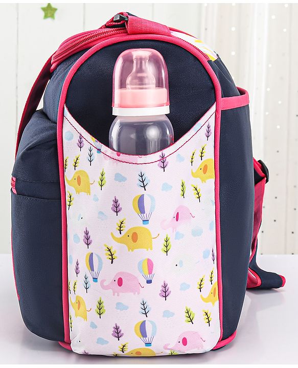 Babyhug Mother Bag with Accessories Combo With Elephant Print Set of 5 - Navy & Pink