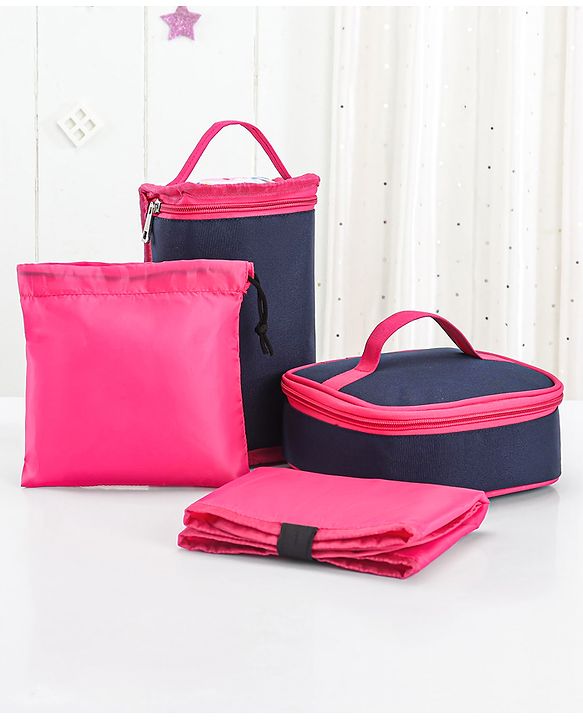 Babyhug Mother Bag with Accessories Combo With Elephant Print Set of 5 - Navy & Pink