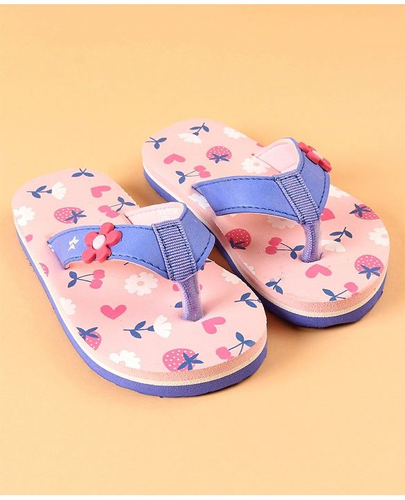 Cute Walk by Babyhug Slip On Flip Flops with Heart & Strawberry Print & Floral Applique - Pink